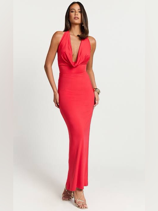 Showpo. Sylvana Red Halter Cowl-Neck Long Maxi Dress Size Us 10 New